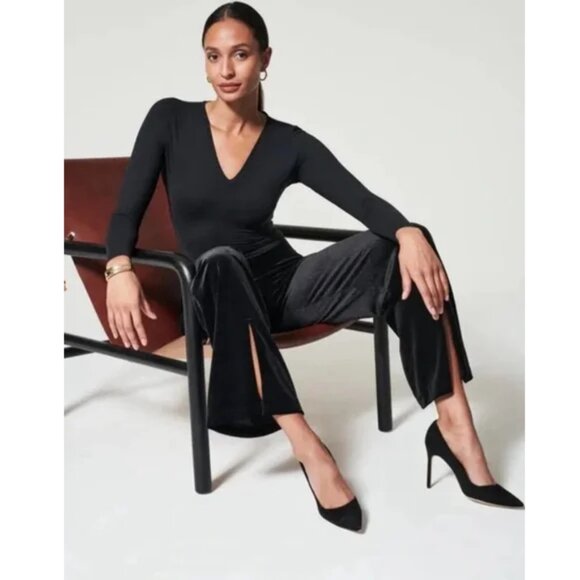 Spanx Black Velvet Wide Leg Split Hem Pants Sz XL